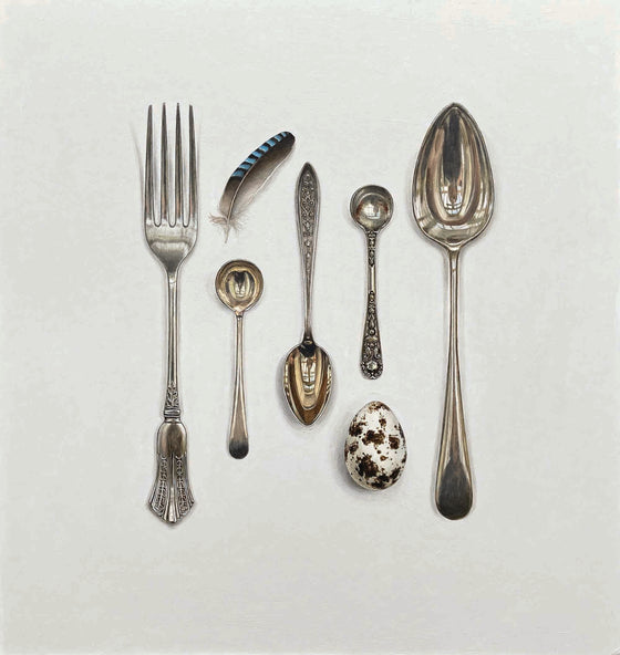 Arranged Silverware with Egg and Jay's Feather